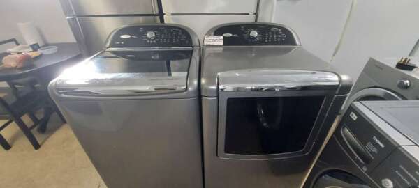 Gray Whirlpool Cabrio Platinum Top Load Washer & Steam Electric Dryer Set