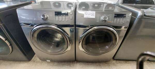 Gray Samsung Front Load Washer/Electric Dryer Set w/Steam and Sanitize