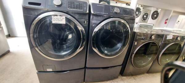 Onyx Samsung Front Load Washer/Electric Dryer Set w/Steam and Pedestals