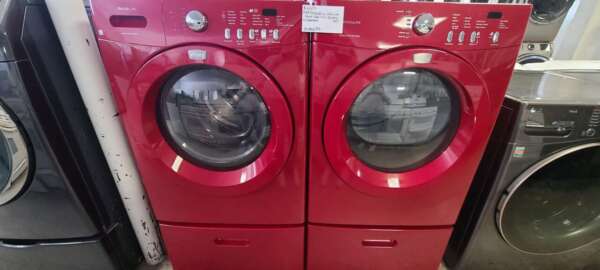 Red Frigidaire Affinity Front Load Washer/Electric Dryer Set w/Pedestals