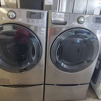 Graphite Steel LG Front Load Washer/turbo wash(MINI WASHER IN PEDESTAL) & Electric Dryer Set w/Steam & Pedestals