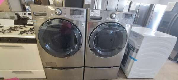 Graphite Steel LG Front Load Washer/turbo wash(MINI WASHER IN PEDESTAL) & Electric Dryer Set w/Steam & Pedestals