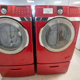 Red Samsung Front Load Washer Electric Steam Dryer With Pedestals